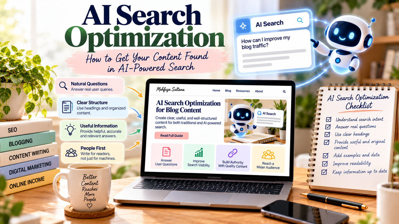 AI search optimization for blog content with clear answers, search intent, content structure, and people-first SEO