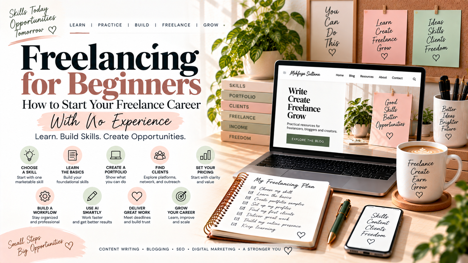 Follow this 10-step content writing and blogging roadmap to choose a freelance skill, build your portfolio, find clients, and create a reliable workflow.