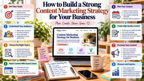 content marketing strategy for business showing goals, audience research, topic planning, content creation, promotion, and measurement Pasted markdown