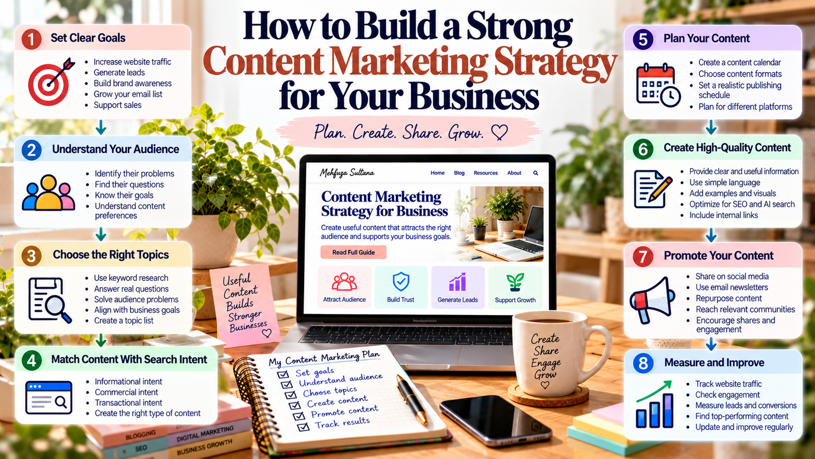 content marketing strategy for business showing goals, audience research, topic planning, content creation, promotion, and measurement Pasted markdown